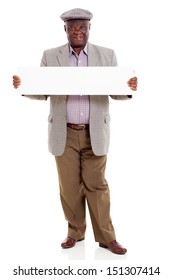 Cute Old African American Man Holding Blank Board Isolated On White