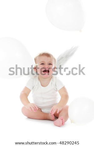 cute one year baby boy wearing angel wings,  isolated on white