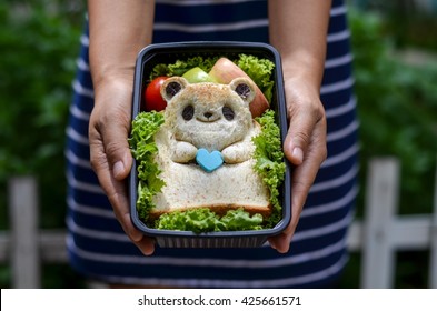 Cute Panda Bread With Vegetables And Tomato In Bento Box 