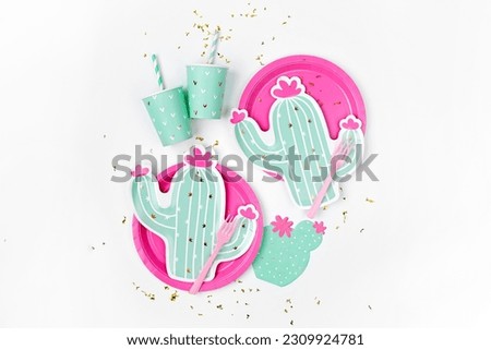 Cute paper plates in the shape of cactus with cups for themed party. Hawaiian Birthday party decorations. Set of holiday disposable tableware for party or picnic. Aloha Party Kits.