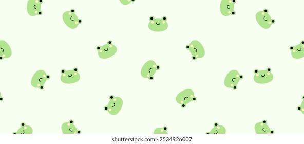 cute pattern with a light green background, decorated with illustrations of smiling little frog heads. These frogs have round faces with bright green color, big black eyes, and 