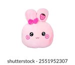 Cute pink bunny plush toy with strawberry and bow details, featuring rosy cheeks and playful eyes, perfect for cuddling or as a decorative piece in any room.