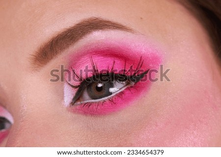 Cute pink eye makeup with matte eyeshadows and girly lashes. Close up realistic photography
