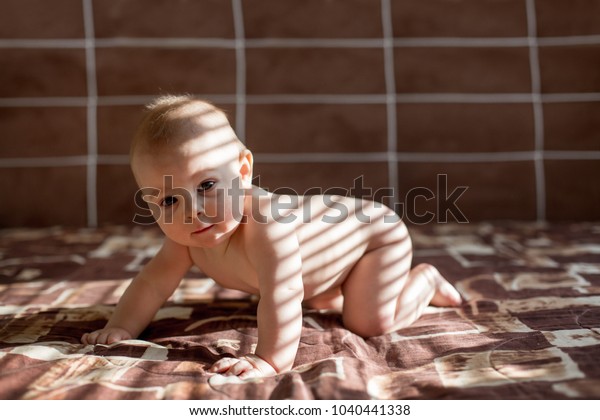 Cute Portrait Little Toddler Boy Bed Royalty Free Stock Image