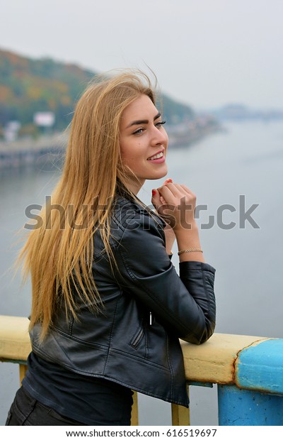 Cute Pretty Blonde Hair Young Girl People Parks Outdoor Stock Image