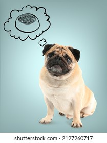 Cute Pug Dog Dreaming About Food On Color Background