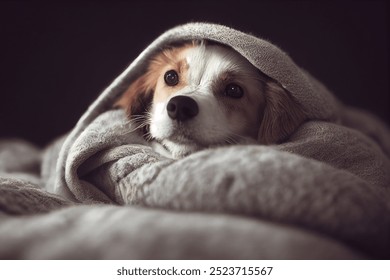 cute puppy hiding under the blanket