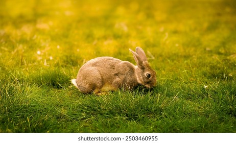 Cute rabbit eats grass against a background of bokeh and sunlight. Pets in a country house. The bunny eats grass as a symbol of Easter and May holidays. Rabbit on the grass