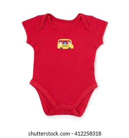 Cute Red Baby Onesie Jumpsuit With Little School Bus On Front Over White Background