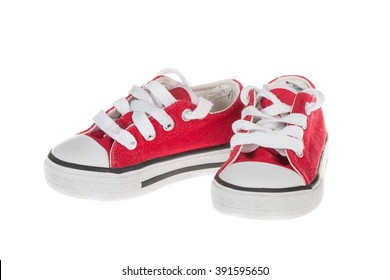 Cute Red Baby Sneakers, Isolated On White