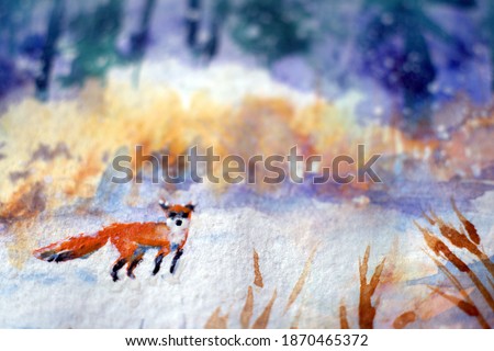 Cute Red Fox in winter forest. Beautiful animal in the nature habitat. Wildlife scene from the wild nature. Red fox running on white snow. Snowy forest. Watercolor painting. 