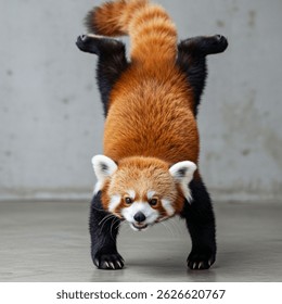 Panda rojo lindo que mastica la hoja verde de cerca