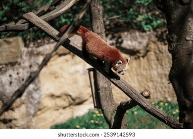 A cute red panda climbing down on a tree branch - Powered by Shutterstock