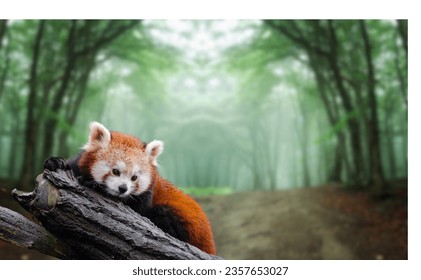 A cute red panda(Ailurus fulgens) happily sits on a branch in the forest eating green leaves and bamboo shoots. - Shutterstock ID 2357653027