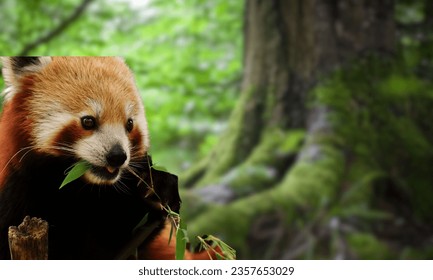 A cute red panda(Ailurus fulgens) happily sits on a branch in the forest eating green leaves and bamboo shoots. - Shutterstock ID 2357653029