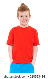 Cute red-haired boy against white background