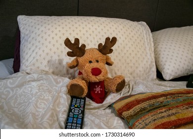 Cute Reindeer Teddy Bear Tucked Up In Bed With A Remote Control. He Is Binge Watching Boxsets And Steaming Things To Watch On Television Rather Than Going To Sleep. TV In Bed Concept.