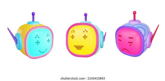 Cute Robot Head Avatar Set. Chat Bot 3d Render Icon With Different Faces.
