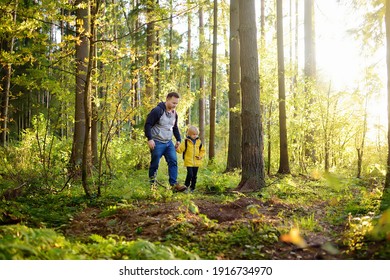 Cute Schulkind und sein reifer Vater wandern zusammen und erforschen die Natur. Kleiner Junge mit seinem Vater verbringt gute Familienzeit im sonnigen Sommerwald zusammen. Papa und sein kleiner Sohn