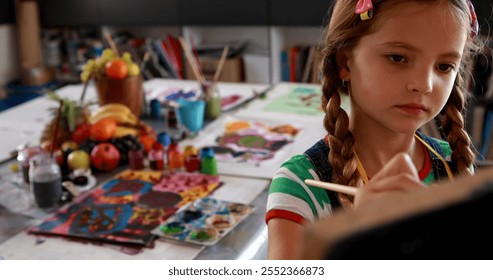 Cute schoolgirl painting on canvas in drawing class 4k - Powered by Shutterstock