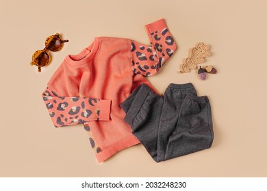 Cute Set Of Autumn Childrens Outfit. Leopard Print Sweater And Cotton Pants. Fall Mood