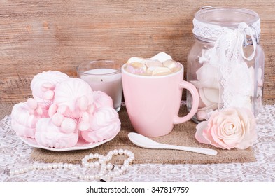 Cute Set Of Pink Princess Accessories And Sweets. Bottle With Mastic Flowers, Big Peach Rose, Zefir, Cup Of Cacao With Marshmellow, Little Spoon And Pearl Jewerly. 