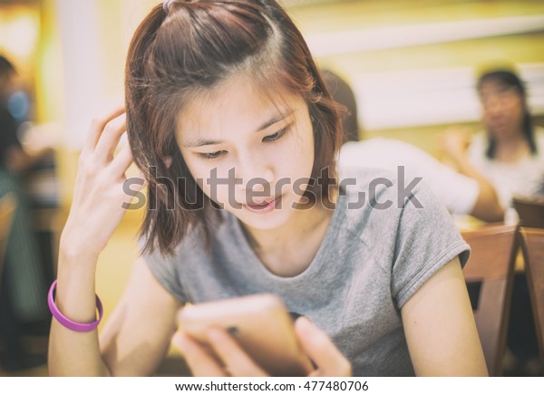 Cute Short Hair Asian Girl Using Stock Photo Edit Now 477480706