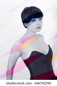 Cute Short Haired Model In Vintage Designer Minimal Prom Dress. Mod, Retro Style. Studio Fashion Shots. Model Is Wearing Her Mom's Prom Dress From The 80's. Stripe Effect.