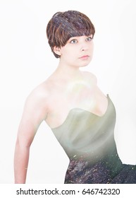 Cute Short Haired Model In Vintage Designer Minimal Prom Dress. Mod, Retro Style. Studio Fashion Shots. Model Is Wearing Her Mom's Prom Dress From The 80's. Space Effect Applied.