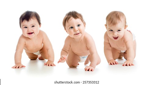 Cute Smiling Babies Weared Diapers Crawling Isolated On White