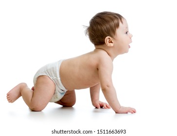 Cute smiling baby crawling wearing diaper, isolated on white