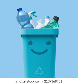 Cute Smiling Bin Full Of Mixed Plastic Waste, Recycling And Separate Waste Collection Concept