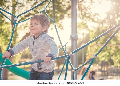 Cute smiling boy climbing rope web on a playground in South Australia on a bright sunny day