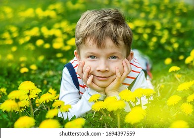 Cute Smiling Boy Field Dandelions Stock Photo 1694397559 