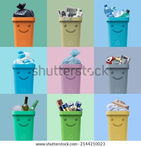 Cute smiling garbage bin characters with different types of waste, seperate waste collection and recycling concept