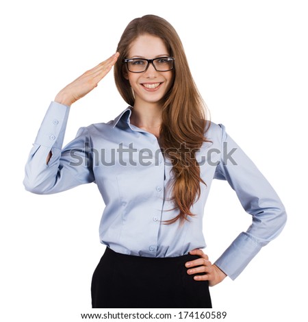 Cute smiling woman in glasses welcomes someone
