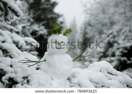 Cute snowman in norwegian forest made with from snow