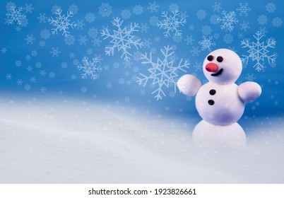 Cute Snowman In A Snowy Landscape Stock Images. Winter Landscape With Snowman Images. Happy Snowman In Winter Scenery. Holiday Blue Snowy Background With Snowman