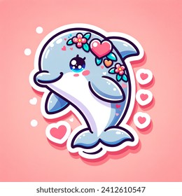 Cute sticker vector-style image of dolphin valentine