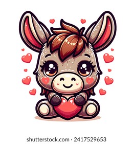 Cute sticker vector-style image of cute donkey valentine