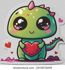 Cute sticker vector-style image of cute eyes dinosaur holding valentine sticker