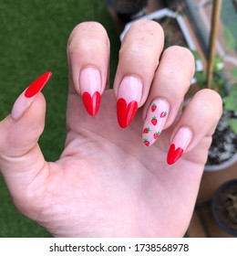 Cute Strawberry Heart Nail Art Long Nails 