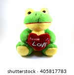 Cute stuffed yellow and green frog toy with heart, isolated