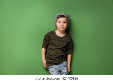 Cute Stylish Boy On Color Background