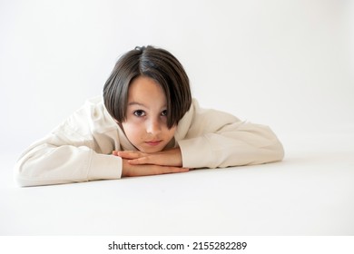 Cute Stylish Toddler Child And Older Brothers, Boys With White Shirts On White Background, Family Kids Portrait, Studio Shot