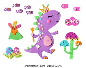 Cute sweet cartoon purple violet lovely adorable dinosaur prehistoric animal predator girl fairy with. crown and magic wand. Handmade craft nursery illustration - Shutterstock ID 2160812545