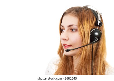 cute techsupport girl talking on the phone using headset