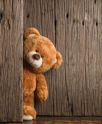Cute Teddy Bear With Old Wood Background