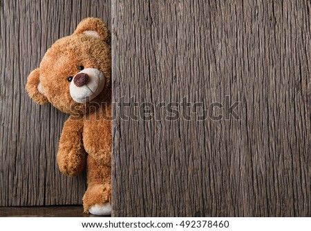 Cute teddy bear on old wood background with copy space