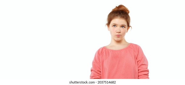 Cute Teen Girl Standing Alone Feeling Upset, Frustrated And Disappointed, Looking Aside, Thinking About Something, Has Innocent Expression